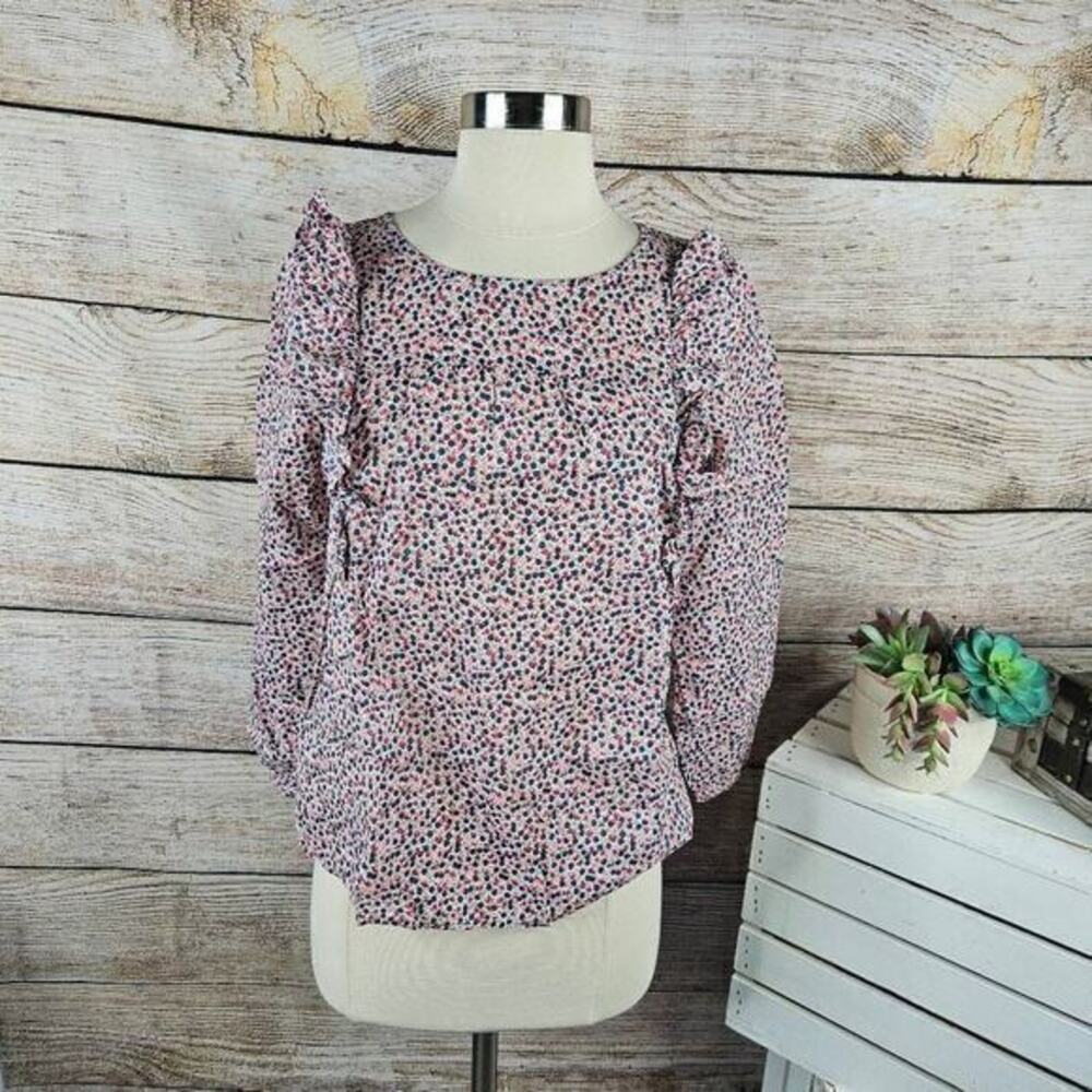 5/$25 J. Crew Mercantile Women's Pink Ruffle Trim Floral Top Size 0